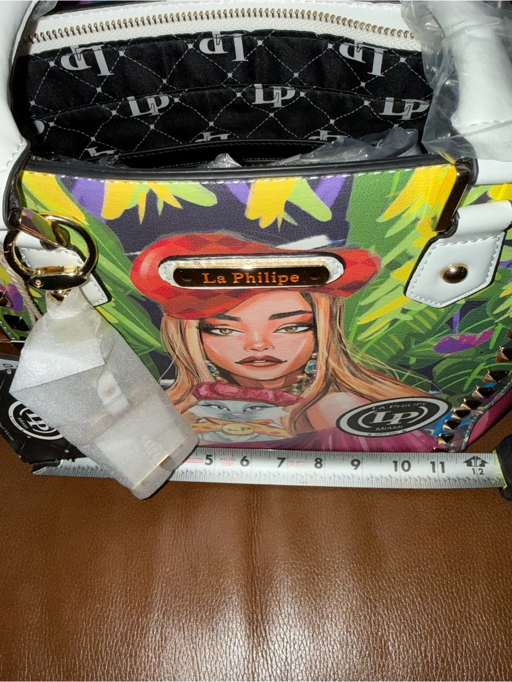 Pink Multi-Color Graphic Satchel with White Handles